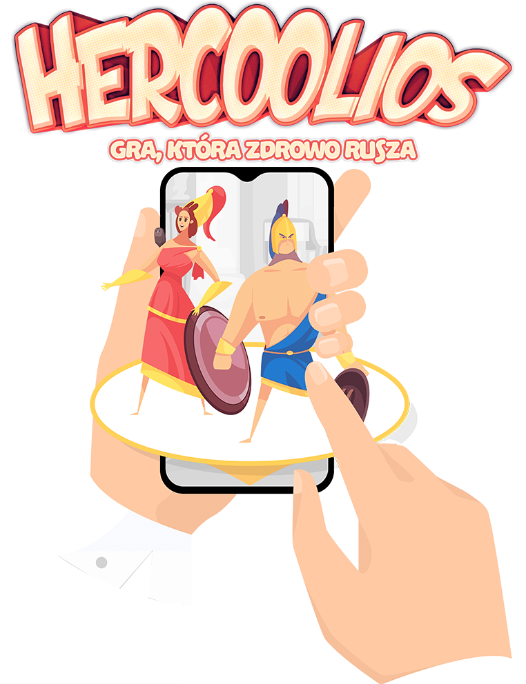 Logo Hercoolios, antyczne postacie kobiety i mężczyzny, wyświetlane na ekranie telefonu